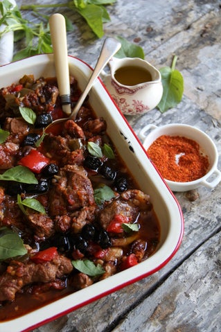 Lamb with chorizo, olives and basil