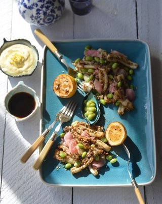 Shichimi-togarashi squid with lime and wasabi mayo 