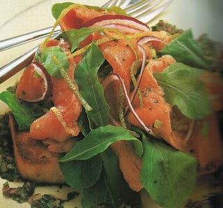 Lime Cured Salmon On Grilled Cornbread With Mexican Salad