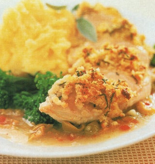 Feta Crumbed Chicken Breasts With Green Olive Jus