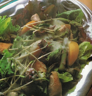 Warm Roast Chicken And Peach Salad With A Roasted Garlic & Yoghurt Dressing