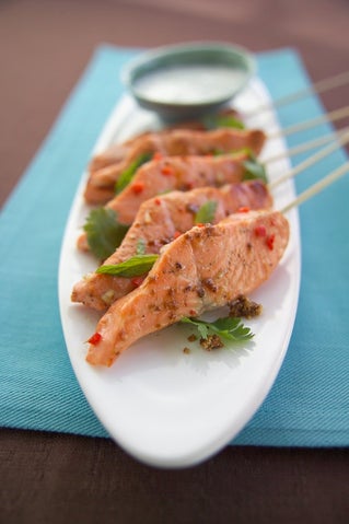 Grilled Balinese Salmon Kebabs With Minted Coconut Cream