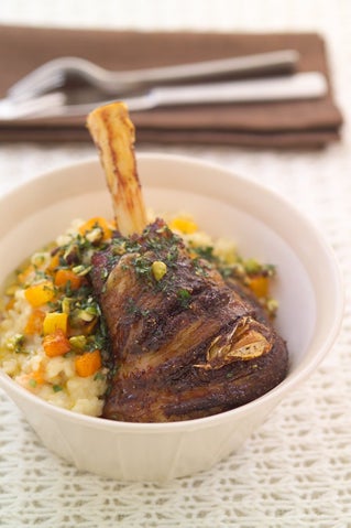 Pumpkin And Chilli Risotto with ras el-hanout roasted lamb shanks
