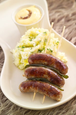 Sausages With Feta Mashed Potatoes And Mustard Mayo