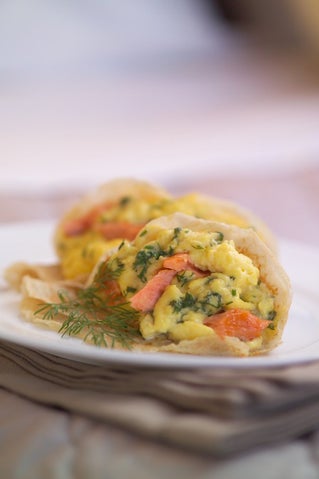 Buckwheat Pancakes With Scrambled Egg And Hot Smoked Salmon