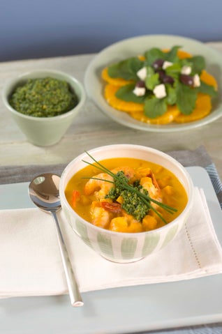 Prawn And Pumpkin Soup With Pesto
