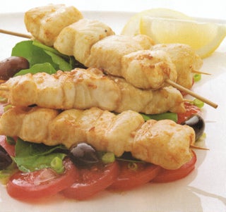 Paprika Fish Kebabs With Tomato And Olive Salad