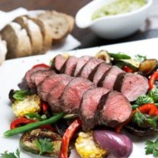 BBQ Cervena Venison Leg Fillets with Toasted Fennel Seed Crust Grilled Summer Vegetables and Walnut Pesto