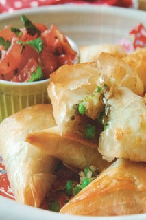 Potato and pea samosa (with chilli and tomato salsa)
