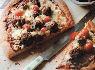 Lamb pomegranate pizza with aubergine salsa