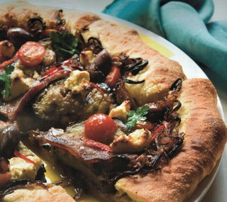 Aubergine and caramelised onion pizza