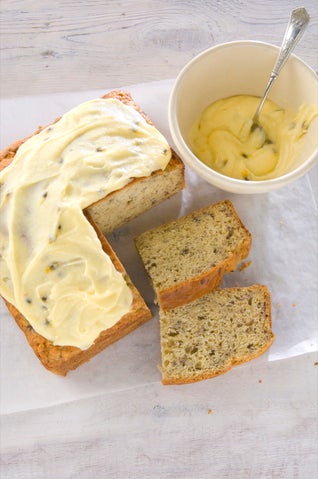 Banana cake with passionfruit icing