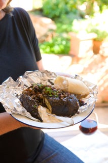 Turkish eggplants with garlic-spiked hummus sauce