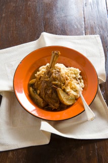 Paprika lamb shanks with rosemary-glazed pears