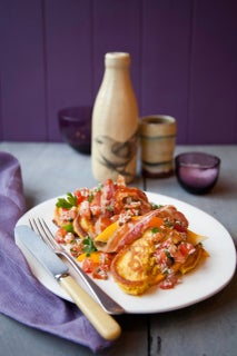 Chickpea pancakes with tomato & mustard seed salsa