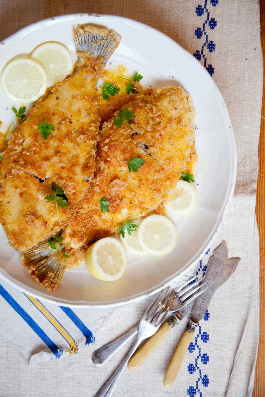 Whole crumbed flounder with lemon and Pernod butter