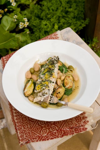 Herbed fish on garlic butter beans