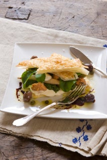 Salmon mille feuille with lemon cream and rocket pesto