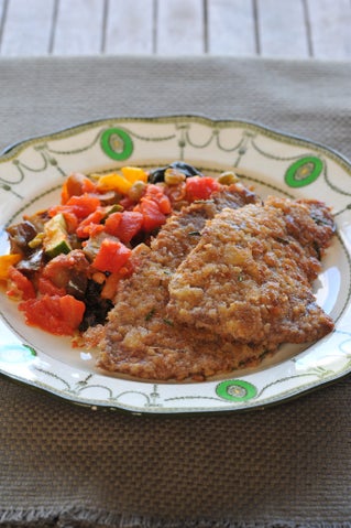 Crumbed schnitzel with Lyn's vegetable medley