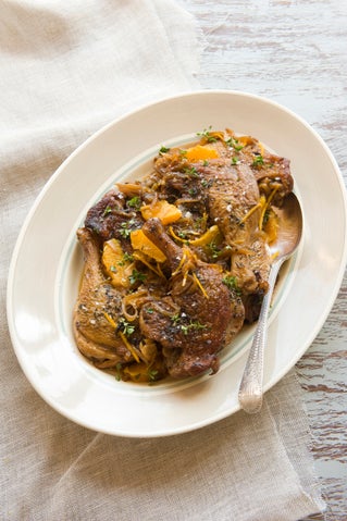 Braised duck with orange and caramelised onions