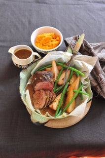 Moroccan lamb rump with roasted pears and quince jus