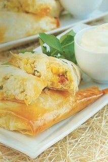 Roasted garlic, sweetcorn and feta triangles