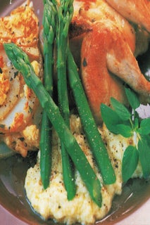 Lemon-roasted poussins, chicken or turkey breasts with bread and herb garlic sauce