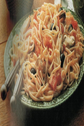Mussels with olives and chilli on egg pasta