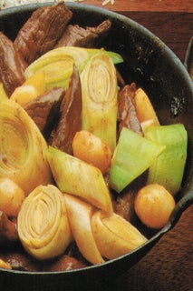 Beef with leek and chestnuts and hunan peanut sauce