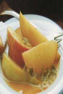 Winter fruit salad with butterscotch passionfruit dressing and hazelnut hearts