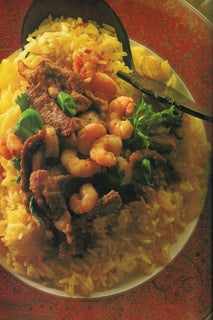 Saffron pilaf with crispy lemon grass pork