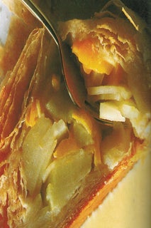 Burnt mango and apple strudel with coconut and vanilla custard