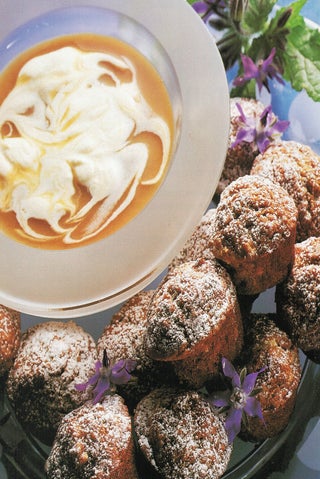 Fudgy banana muffins with caramel dipping sauce