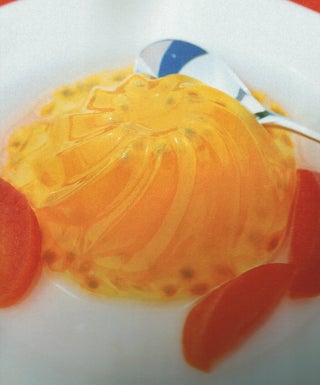 Passionfruit jelly with poached nectarines