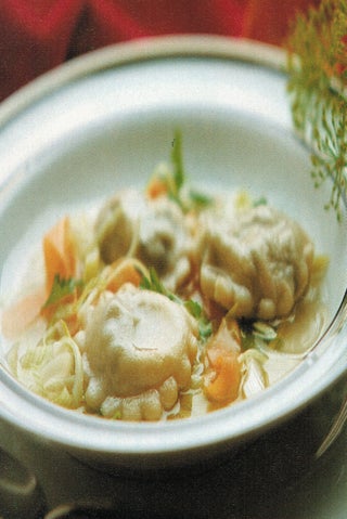 Mushroom ravioli with winter herb broth