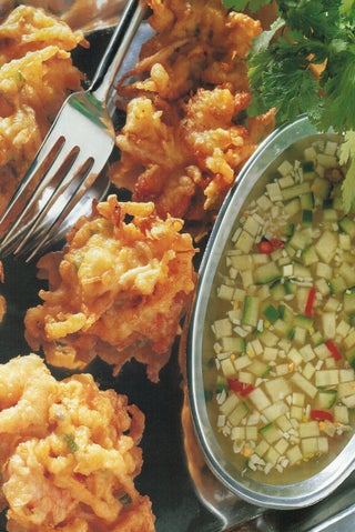 Prawn and vegetable fritters with cucumber dipping sauce