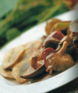 Juniper pork with mushrooms and sage potato chips