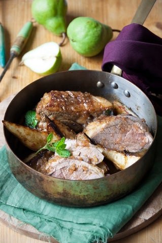 Spiced mini lamb roast with pears and quince jus