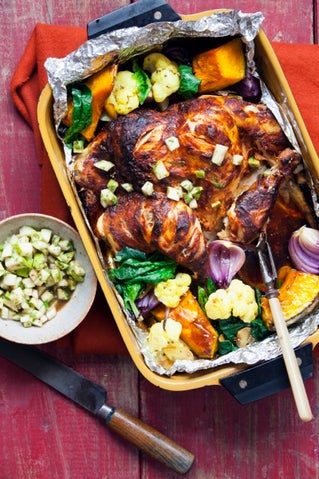 Tandoori-inspired roast chicken with pear and tamarind chutney
