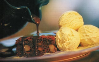 Macadamia fudge brownies with vanilla ice cream