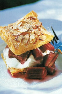 Filo sandwich of rhubarb in pinot noir