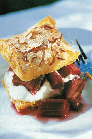 Filo sandwich of rhubarb in pinot noir