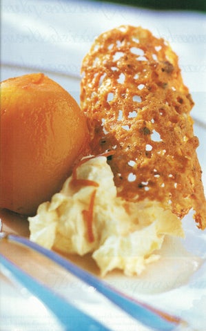 Poached peaches with mascarpone and hazelnut brandysnaps