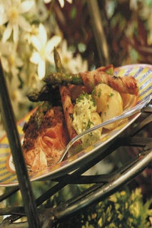 Salmon with olive crust and grilled asparagus