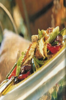 Basil chicken on salad of grilled and marinated vegetables