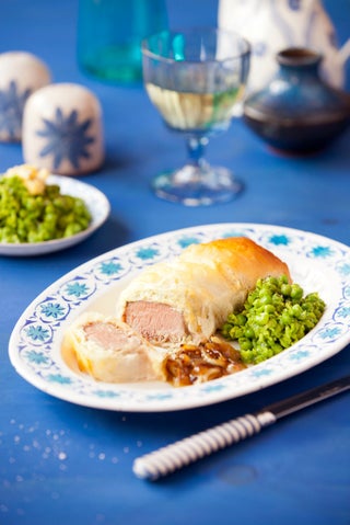 Lamb and blue cheese filo rolls with crushed buttered peas