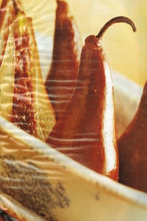 Baked pears with dates and orange rind served with English custard
