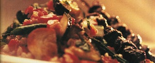 Grilled aubergine salad and beef kebabs