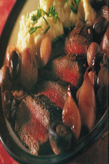 Venison with shallot and onion ragout and garlic mashed spuds