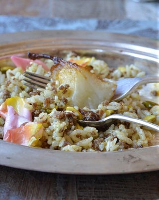 Iraqi rose rice with glazed pears